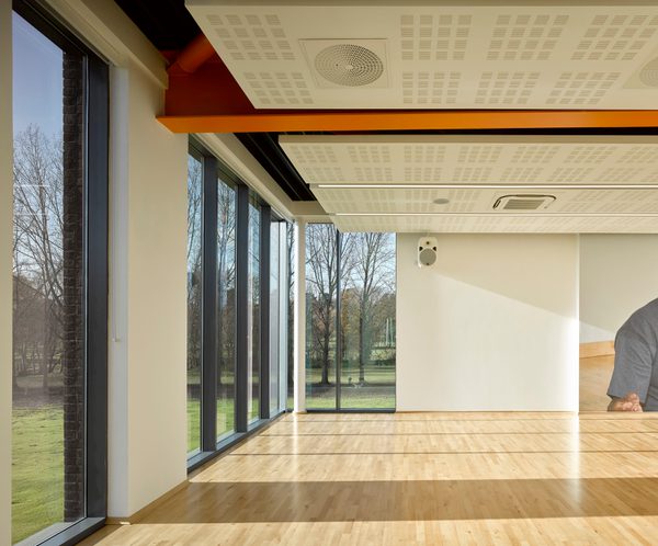 The brightly lit up studio space at Places Leisure Eastleigh with views out onto the surrounding parkland from the floor to ceiling glass windows.