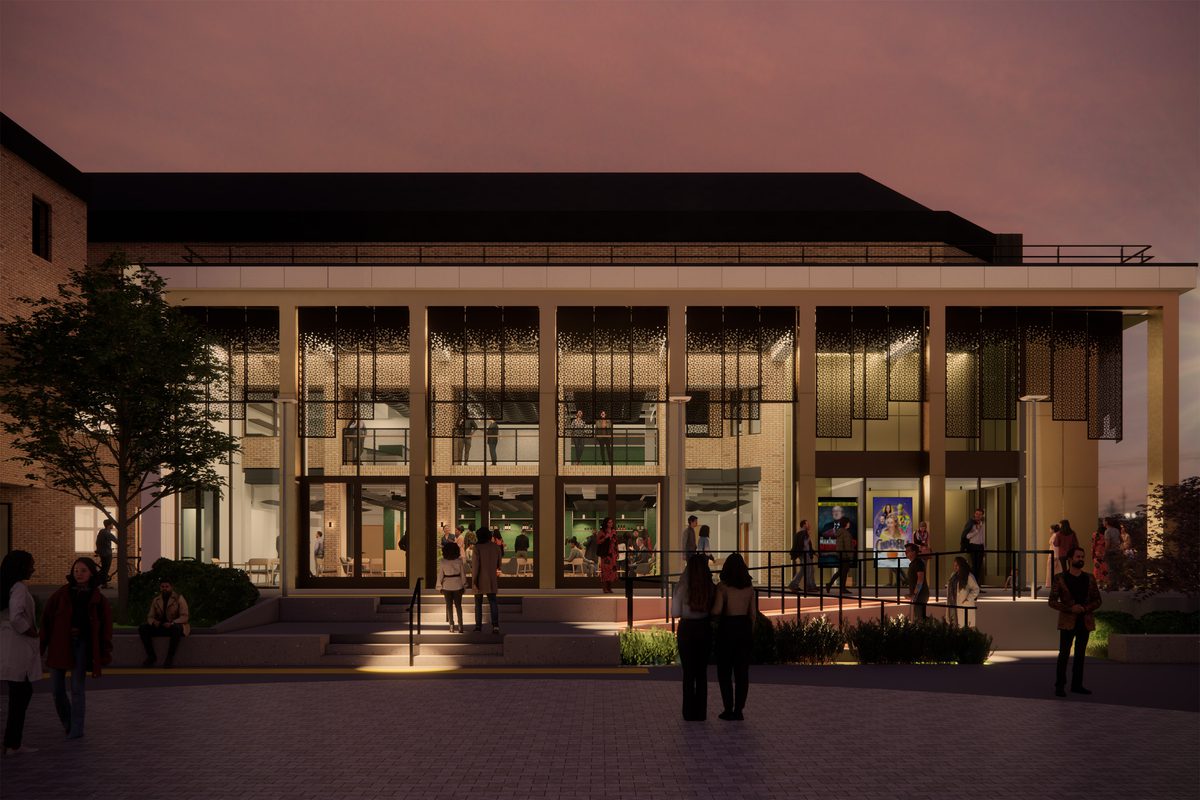A visualisation of the entrance to Princess Royal Theatre in the evening time with people arriving.