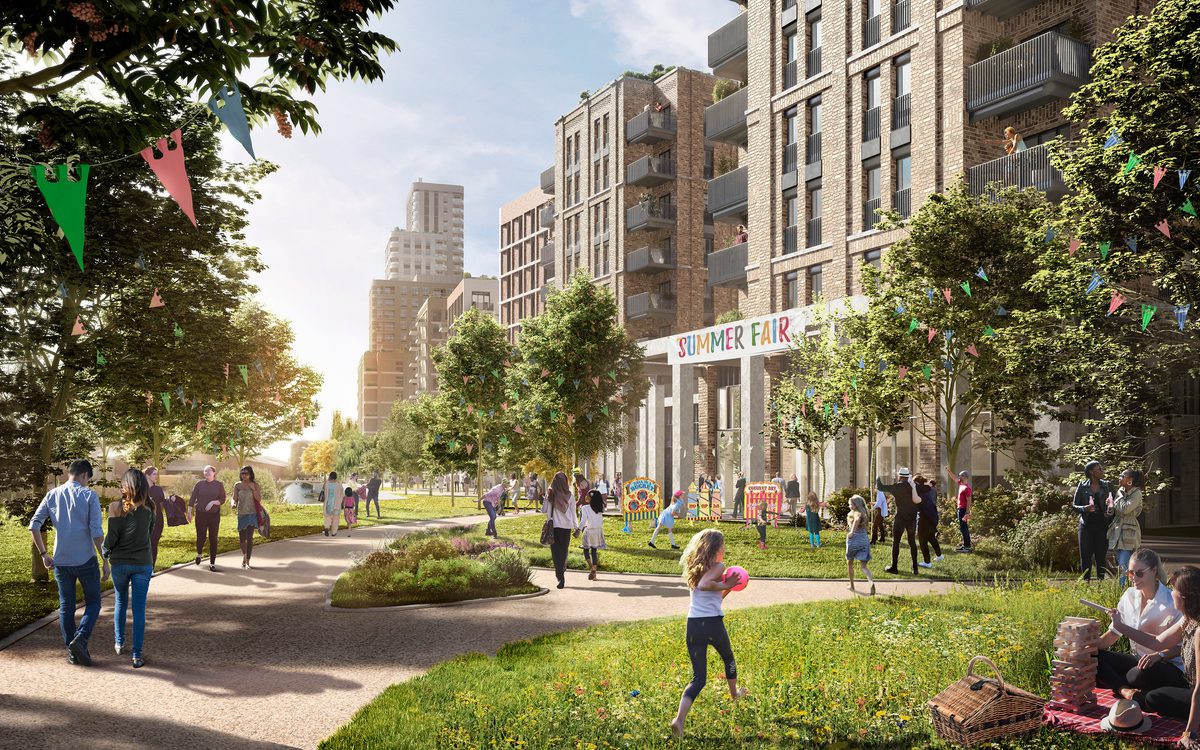 An exterior visualisation showing the community enjoying the green, communal spaces in front of the residential block which make up Quayside Quarter.