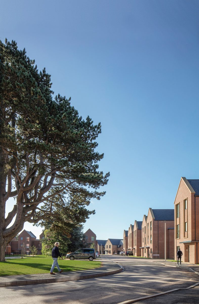 One of the tress and green spaces in front of the new build red brick houses within Radbook Village.