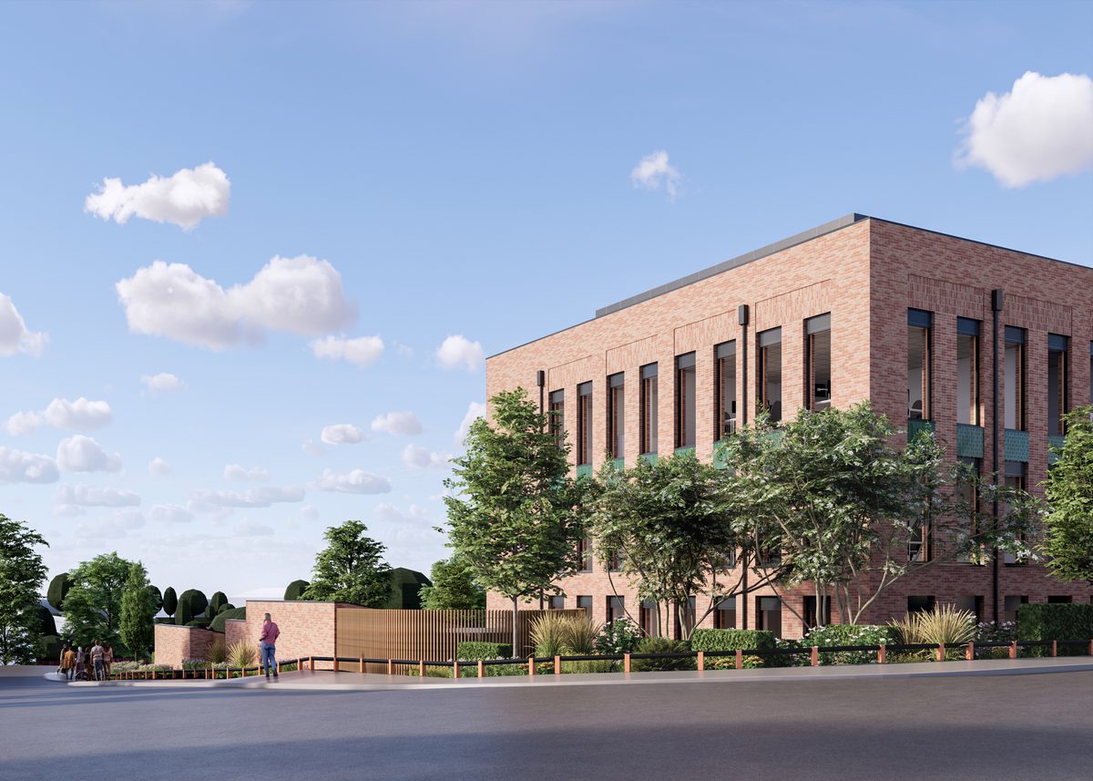 A visualisation of the Archer Road approach to Redditch Innovation Centre with landscaped trees and greenery in the foreground.