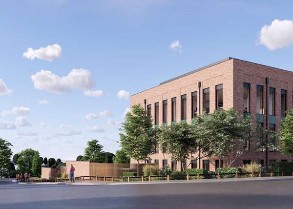 A visualisation of the Archer Road approach to Redditch Innovation Centre with landscaped trees and greenery in the foreground.