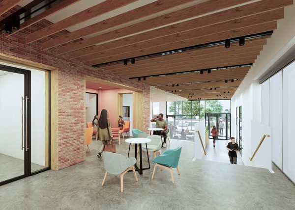 A visualisation of the interior social space and cafe inside the Redditch Innovation Centre.