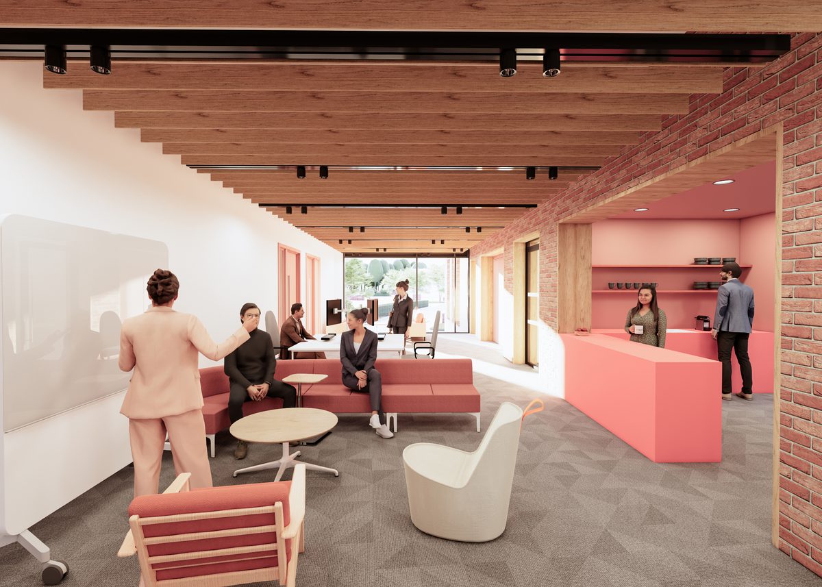 A visualisation of the interior space inside the office space with people interacting in the social areas.