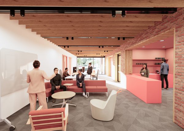 A visualisation of the interior space inside the office space with people interacting in the social areas.