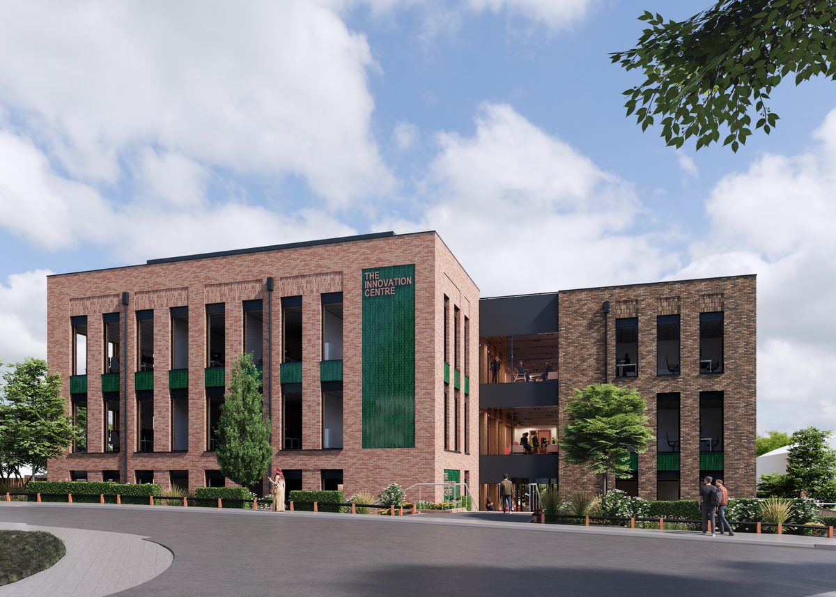 A visualisation of the entrance to Redditch Innovation Centre with landscaping and plants in view.