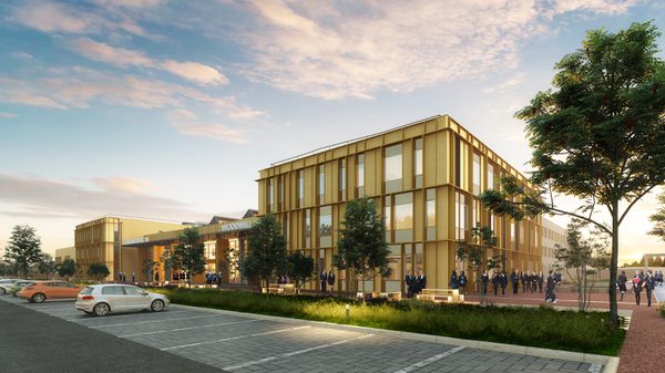 An exterior visualisation of the Woodmill and St Columba's RC High School with the parking area in front of the school.