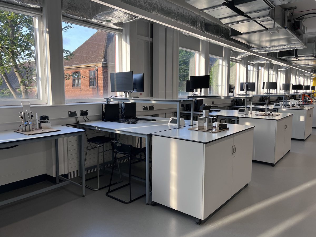 The state of the art interior of the newly refurbished Robert Blackburn Laboratory, with large external windows providing natural site and views of the building's surroundings.
