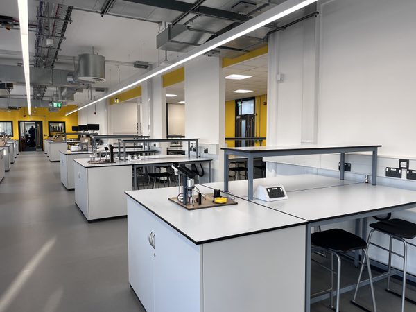 The state of the art interior of the newly refurbished Robert Blackburn Laboratory, with individual learning stations set up and specialist engineering equipment.