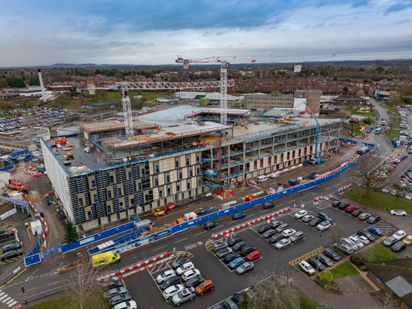 An aerial shot of Shrewsbury and Telford Hospital under construction.