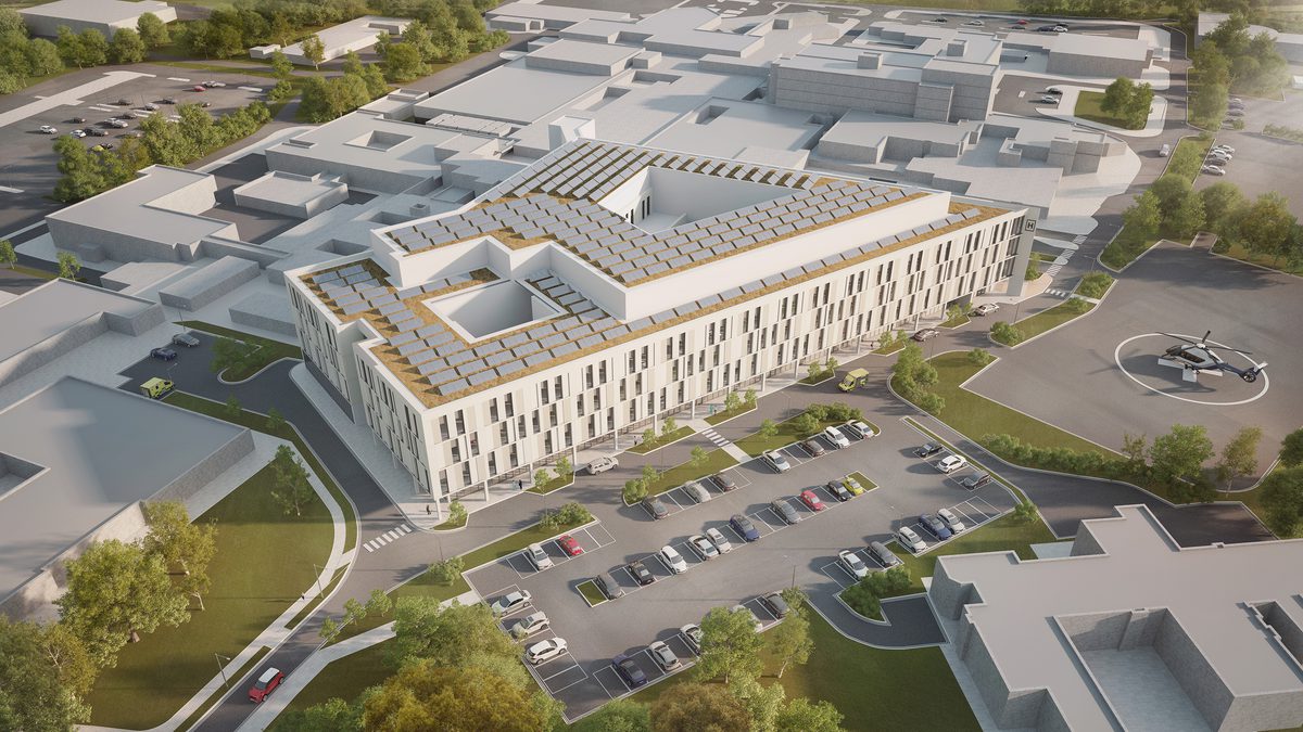 A visualisation of the Shrewsbury and Telford Hospital transformation project from above, showing the scale of the scheme.