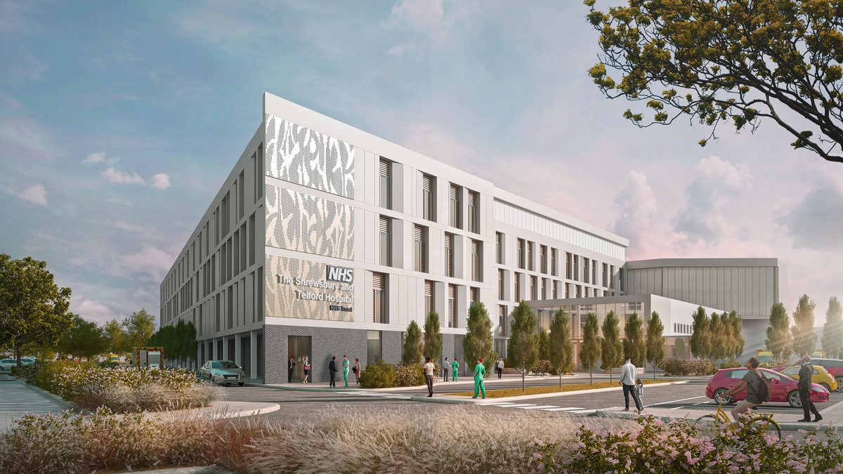 Visualisation showing the front exterior of Shrewsbury and Telford Hospital, with pedestrian and vehicle routes, white frontage, and planting.