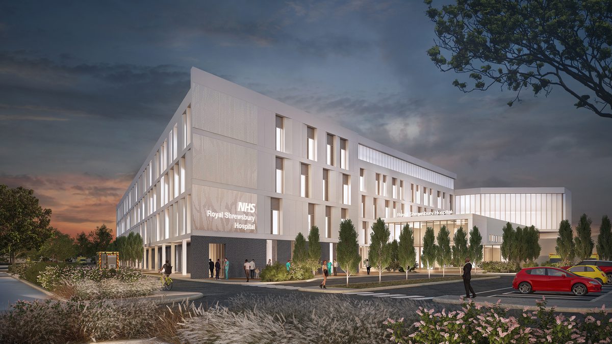Visualisation showing the front exterior of Shrewsbury and Telford Hospital at night, with white frontage, planting and ample parking in front.