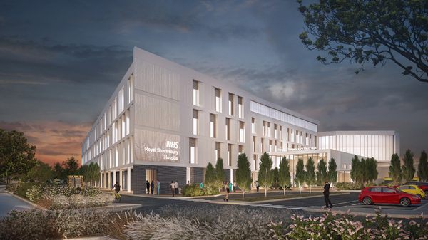 Visualisation showing the front exterior of Shrewsbury and Telford Hospital at night, with white frontage, planting and ample parking in front.