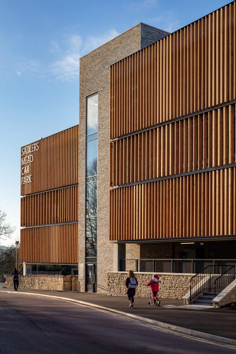 Sadlers Mead multi-storey carpark, detailing the distinctive timber cladding on the exterior.