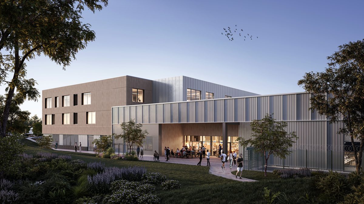 A external visualisation of Siemens manufacturing facility with people using the surrounding green spaces with new trees and wildflower meadows.