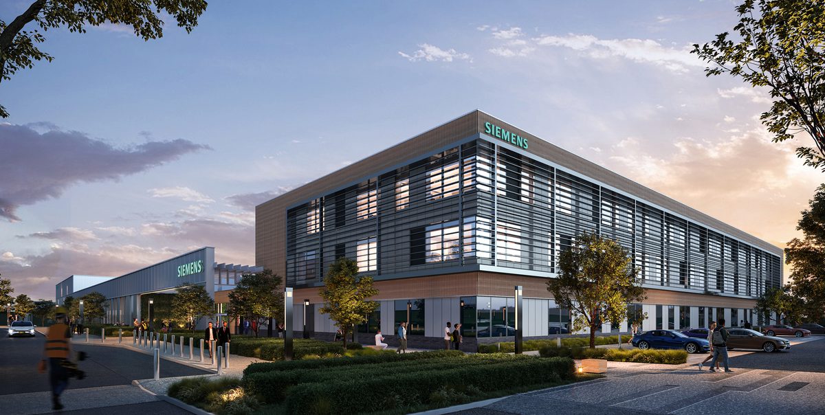 A external visualisation of Siemens manufacturing facility in Chippenham with planting and people walking around the space.