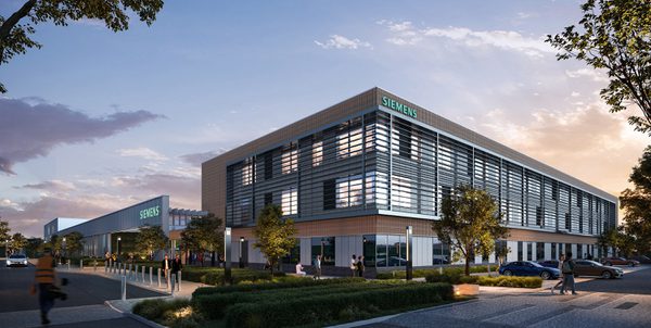 A external visualisation of Siemens manufacturing facility in Chippenham with planting and people walking around the space.