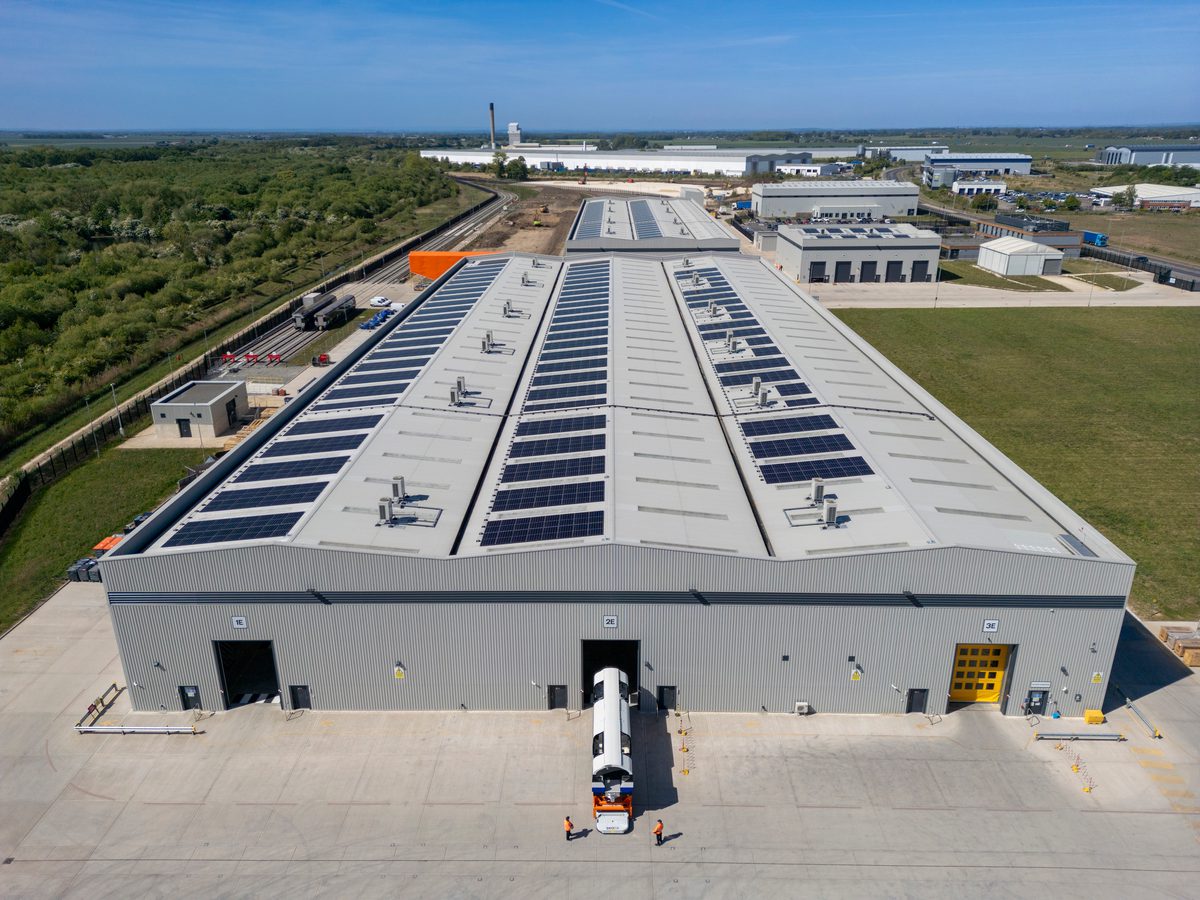 An aerial of the large train manufacturing facility in Goole surrounded by a vast green landscape.