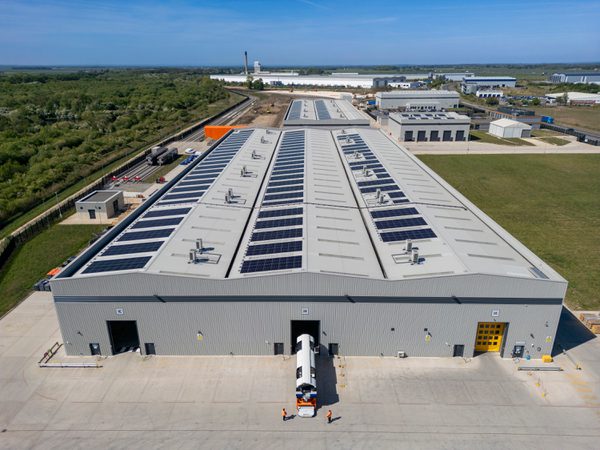 An aerial of the large train manufacturing facility in Goole surrounded by a vast green landscape.