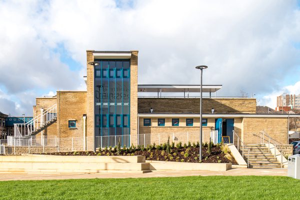 A front view of the public realm and exterior of the refurbished Grade II listed Sovereign Design House.