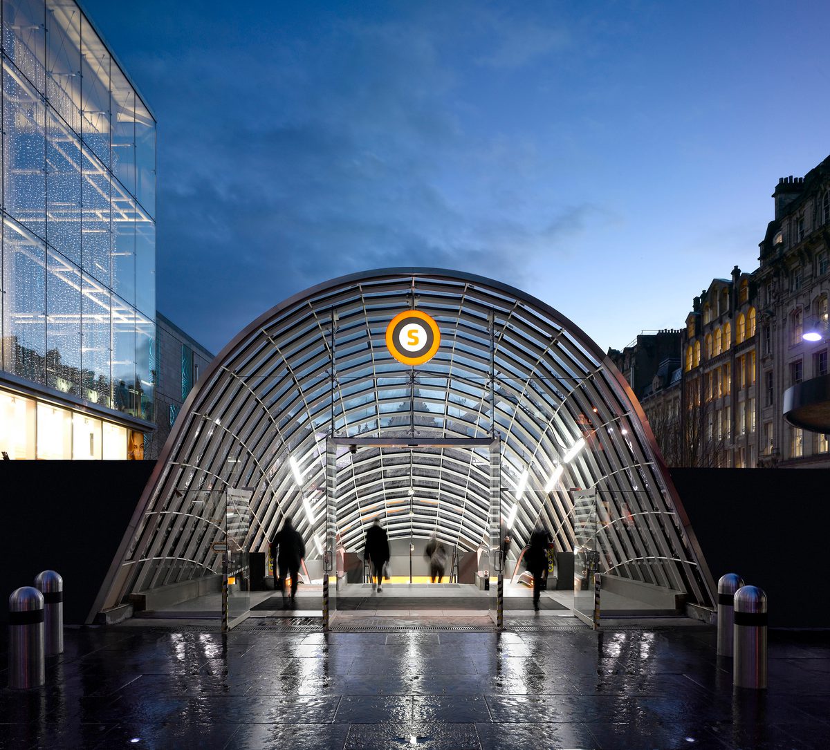 The exterior ornamental wrought iron entrance to the refurbished St Enoch Subway Station.