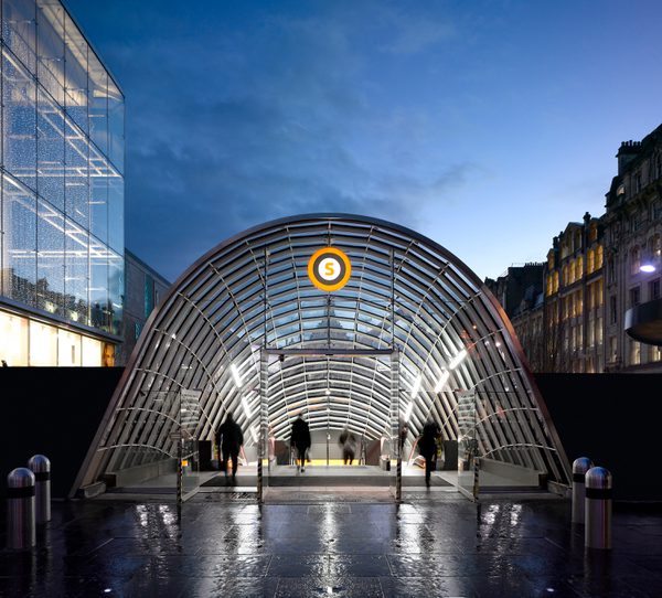 The exterior ornamental wrought iron entrance to the refurbished St Enoch Subway Station.