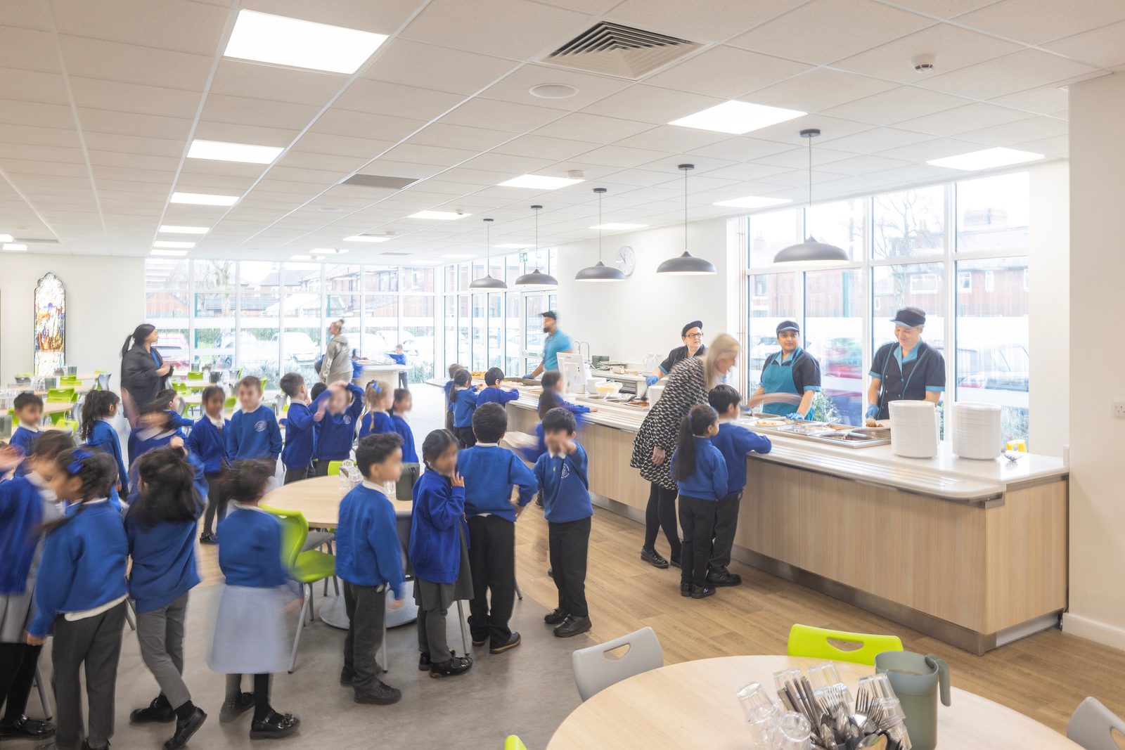 A brightly lit modern serving area