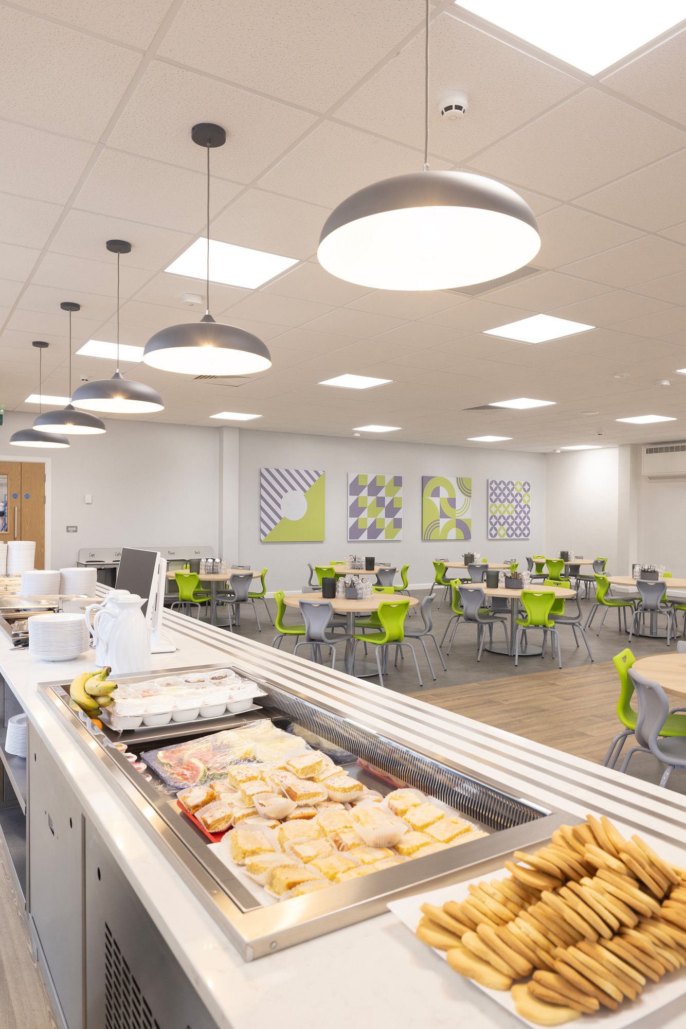 Bright lights above the food counter