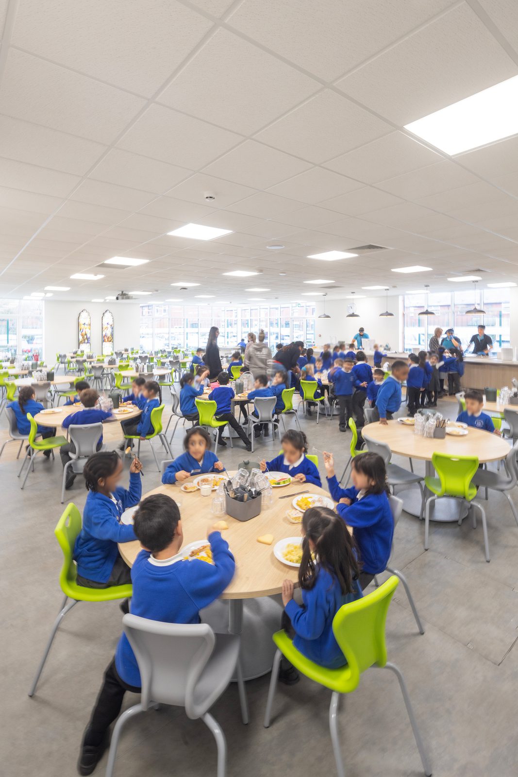 Colourful seating brightens the space