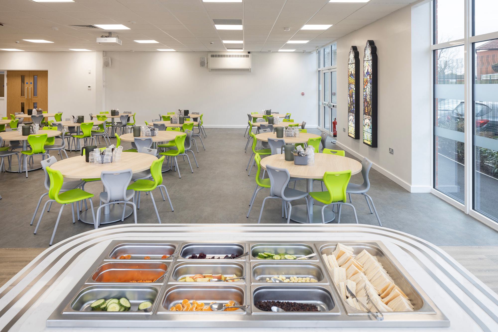 Replica stained glass decorates the wall