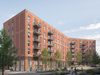 An external visualisation of the entire residential development at Station Quarter, with redbrick facade and planting surrounding.
