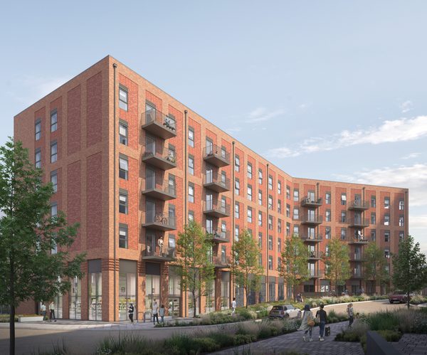 An external visualisation of the entire residential development at Station Quarter, with redbrick facade and planting surrounding.