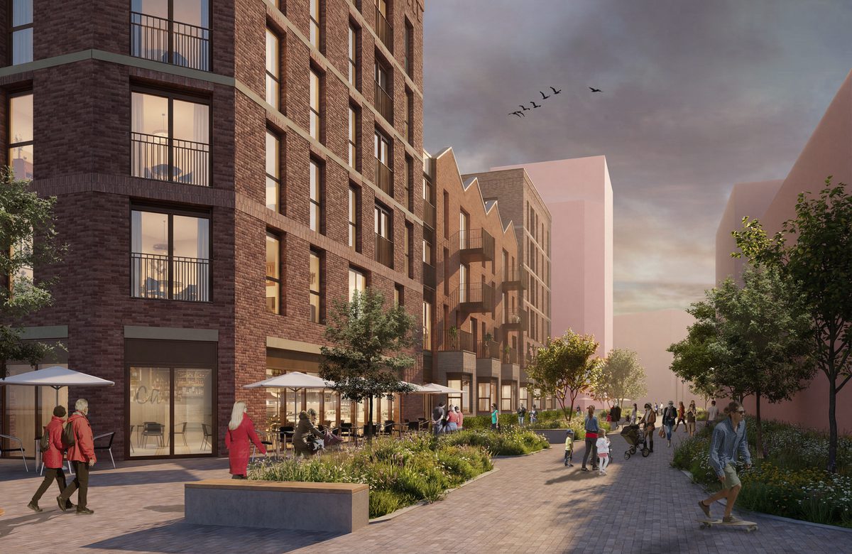 A visualisation of the pedestrianised streets and active public realm as part of the Stretford Mall residential development.