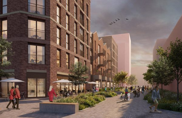 A visualisation of the pedestrianised streets and active public realm as part of the Stretford Mall residential development.
