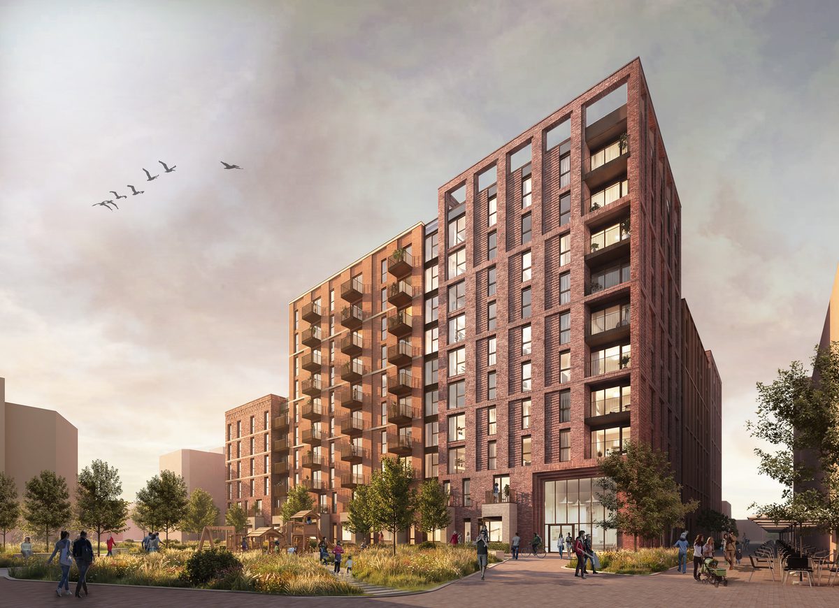 A visualisation of the 10-storey residential scheme at dusk with surrounding landscaping, planting and people walking in front.