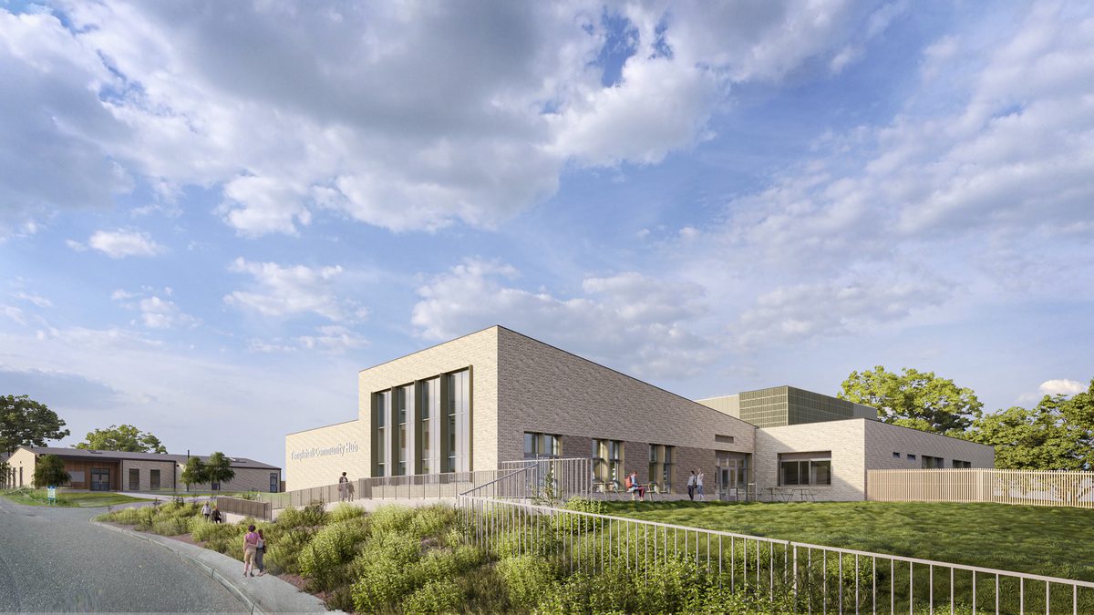 An exterior visualisation, showing the complete Passivhaus TempleHall commmunity hub with people and planting surrounding.