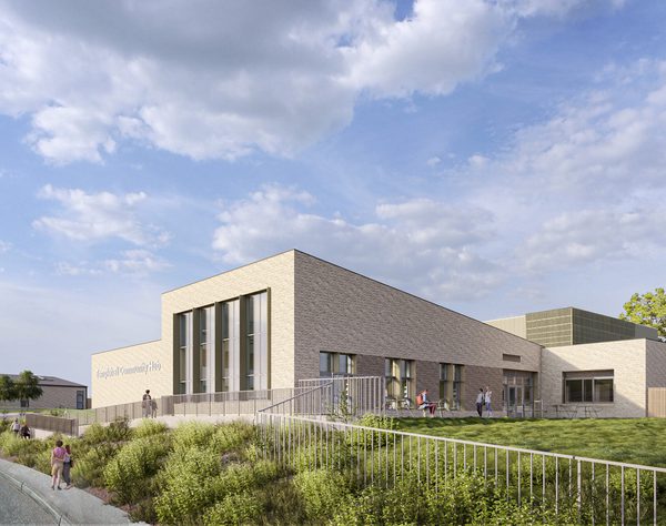 An exterior visualisation, showing the complete Passivhaus TempleHall commmunity hub with people and planting surrounding.