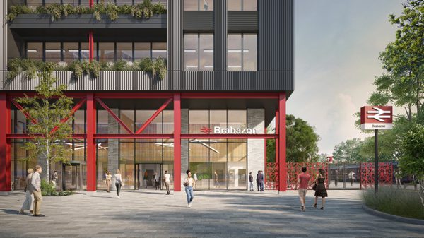 A visualisation of the ground floor train station entrance to the Interchange office building connecting both functions.