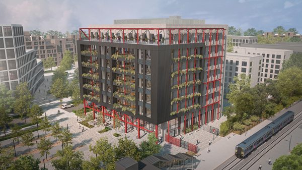 An aerial visualisation of the Grade A office building at the Interchange, with surrounding landscaping and the station.
