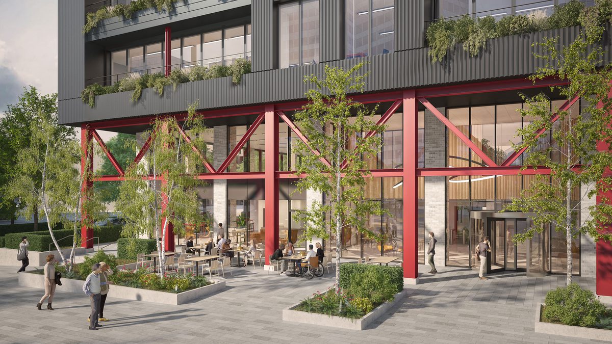 A visualisation of the ground floor entrance to the office building The Interchange with active public realm in the foreground.