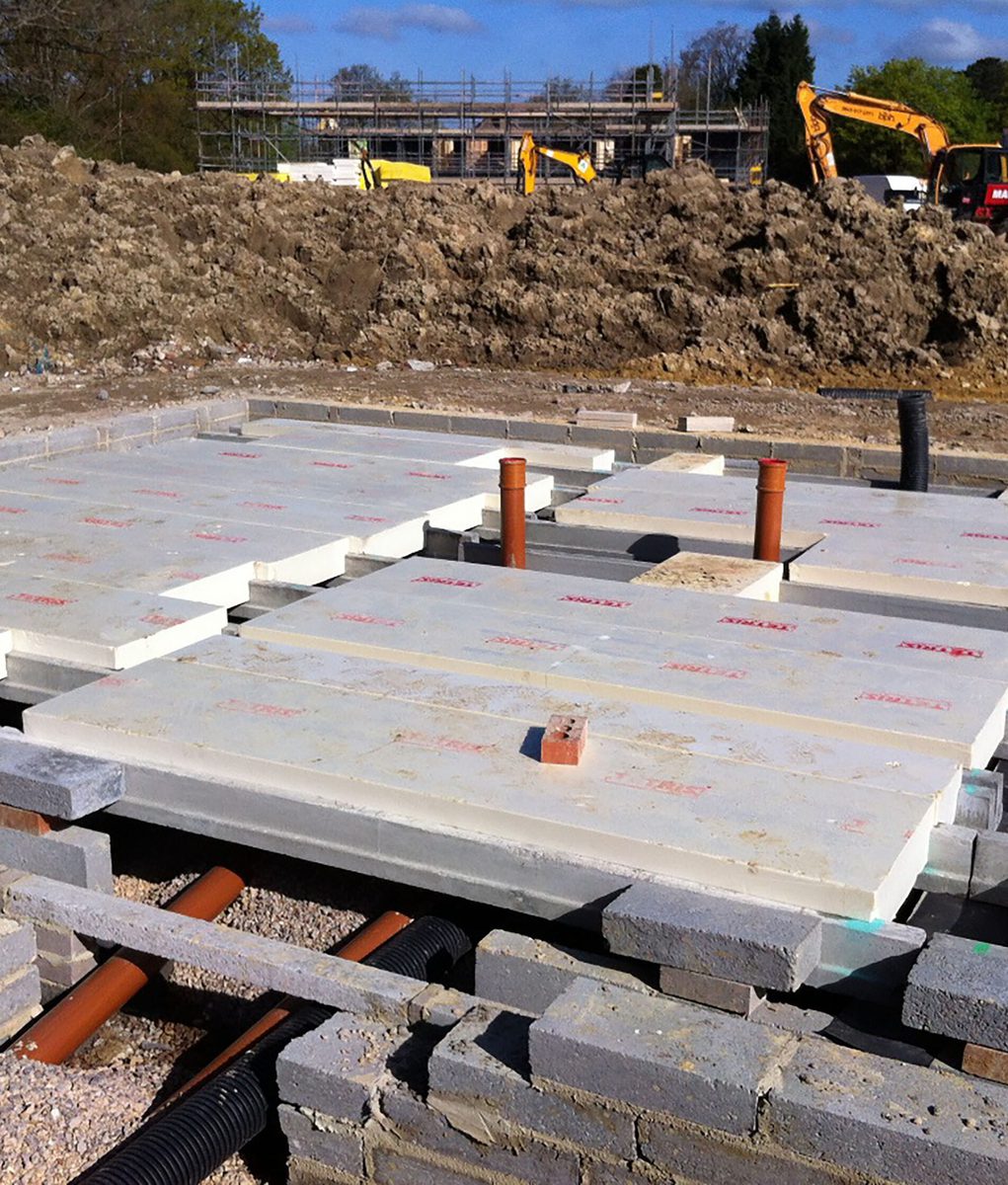 A construction shot, showing the tetris beam and insulated block used in the flooring of the houses within the residential development at the Pheasantry.
