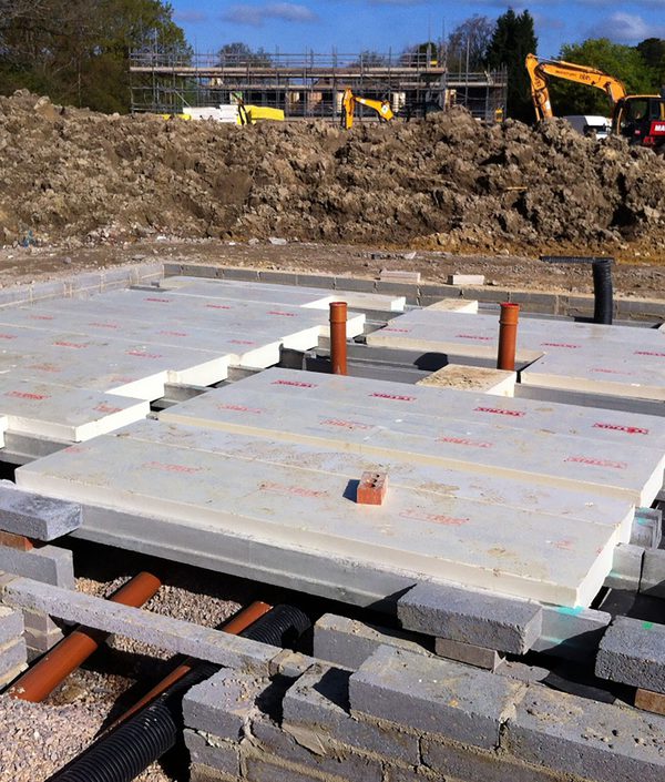 A construction shot, showing the tetris beam and insulated block used in the flooring of the houses within the residential development at the Pheasantry.