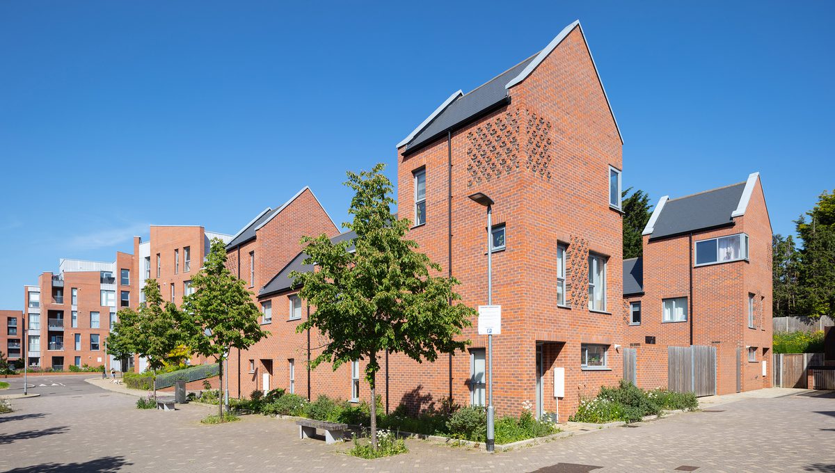 A wide exterior view of the residential scheme showing the various houses with planting and trees in the foreground.
