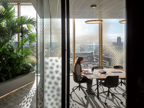 Someone working in a meeting room within the Spine with floor to ceiling windows, with Voronoi pattern visible on the windows, views over Liverpool and biophilic planting.