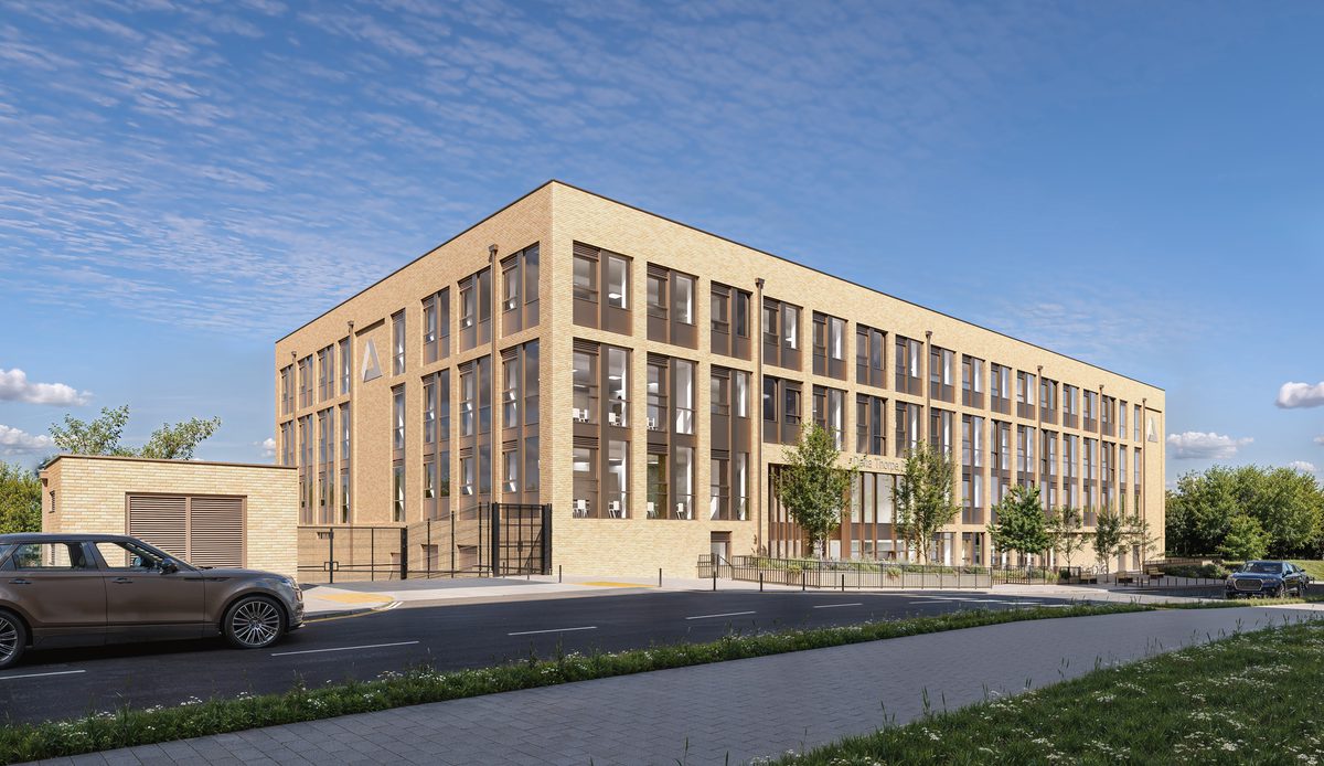 A visualisation of the proposed sixth form college on a bright day, with associated pedestrian pathways and a car approaching in the foreground.