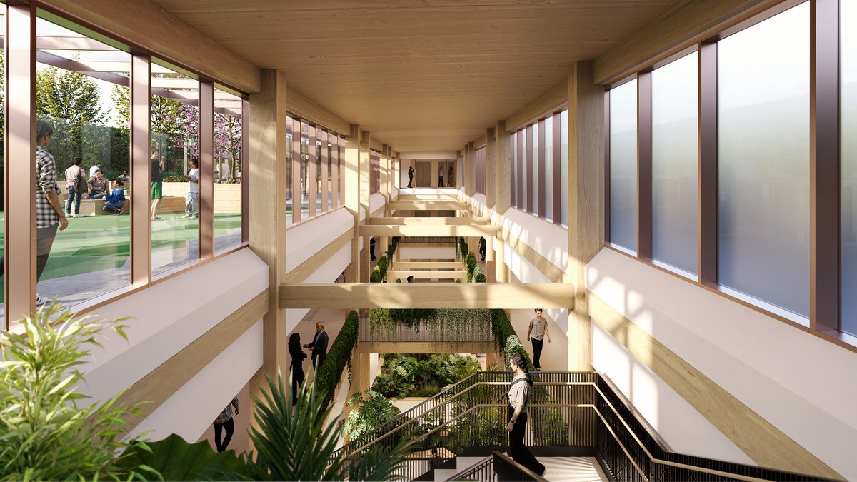 A visualisation of the atrium in the Thrive Health and Wellbeing Centre with planting and views out to the roof terrace.