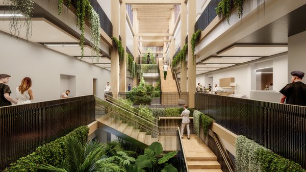 A visualisation of the multilevel atrium in the Thrive Health and Wellbeing Centre with planting and mezzanine balconies.
