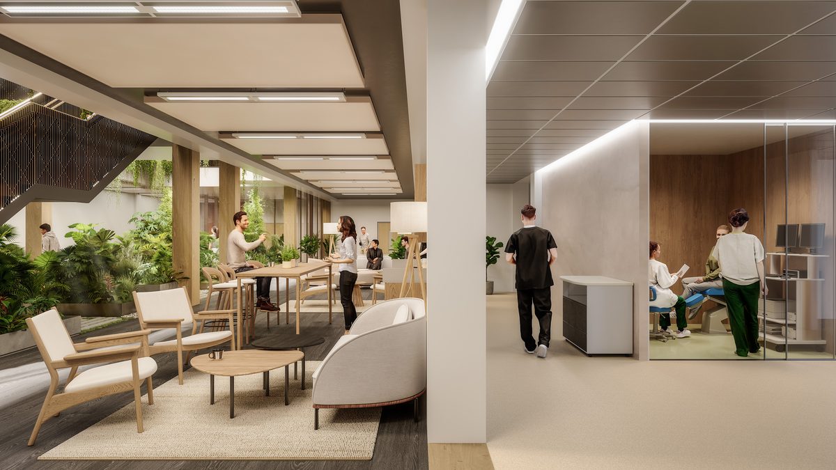 A interior visualisation of the different workspaces within the Thrive Health and Wellbeing Centre with biophilic planting.