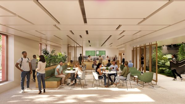 A visualisation of the cafe space in the Health and Wellbeing with groups of people gathered around socialising.